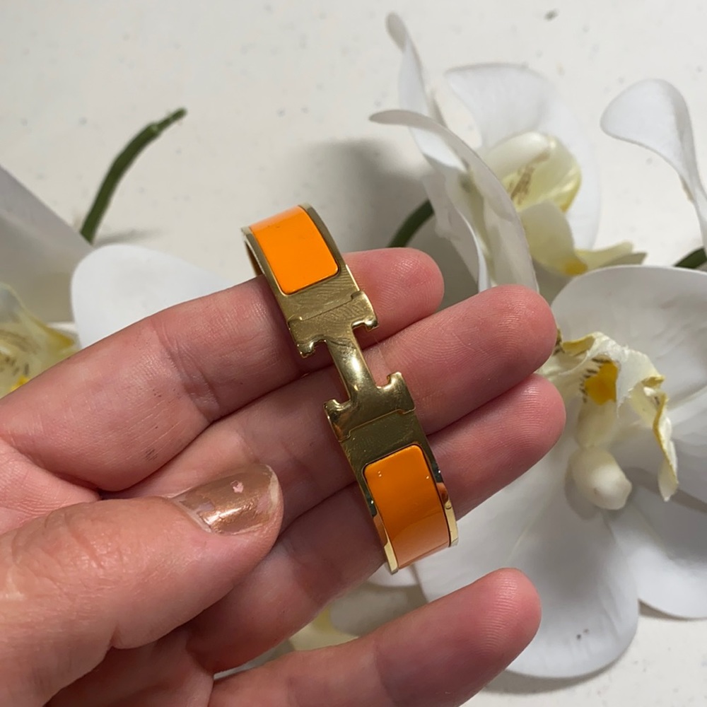 Hermes Orange and Gold Enamel H Bracelet
